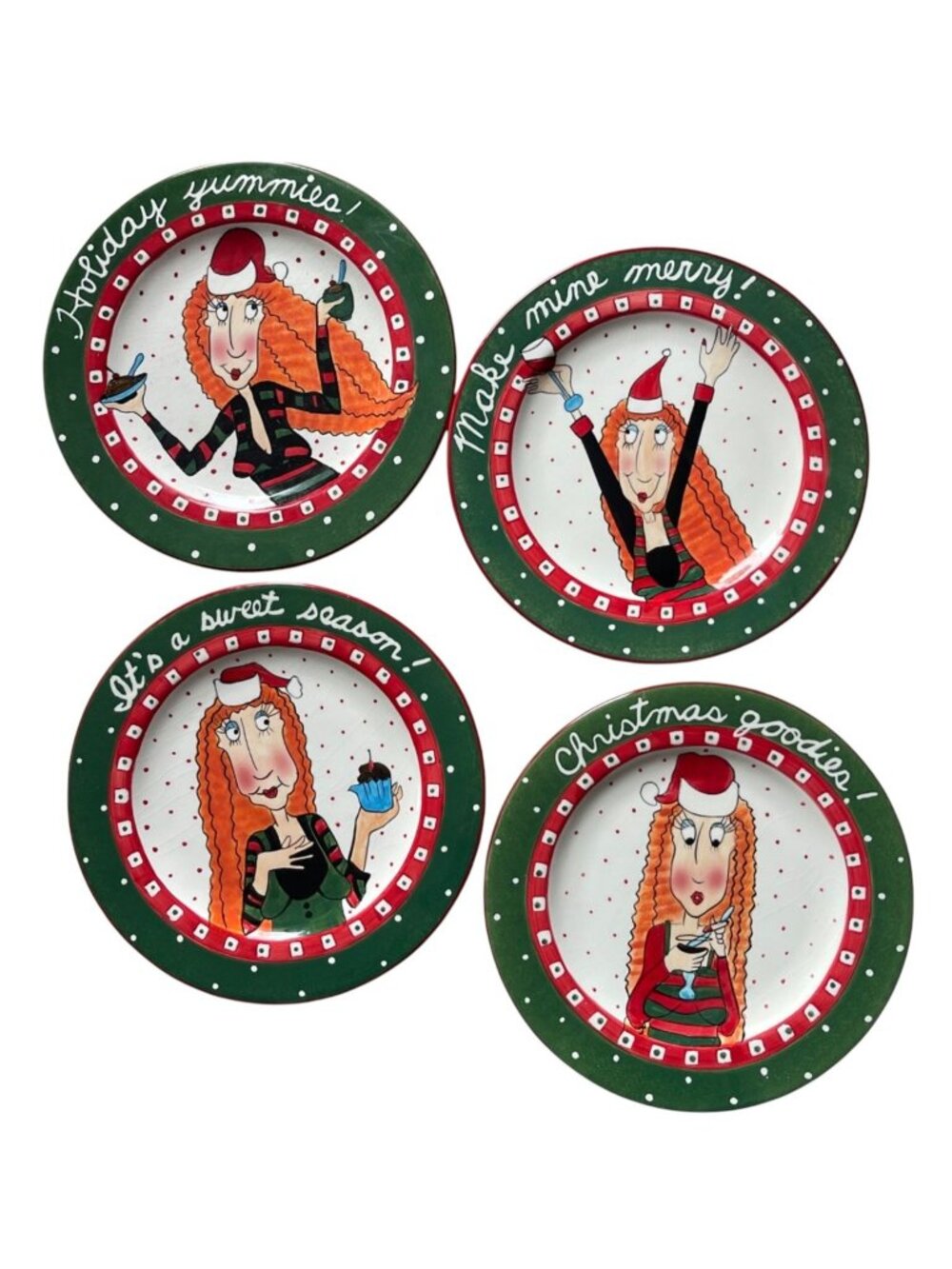 Set of 4 Vintage MEEVA Christmas Dessert Plates 7.5" Whimsical Festive Fun